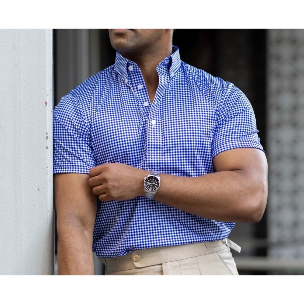 Collars & Co Mens 3XL Dress Collar Polo Blue White Gingham Short Sleeve NEW